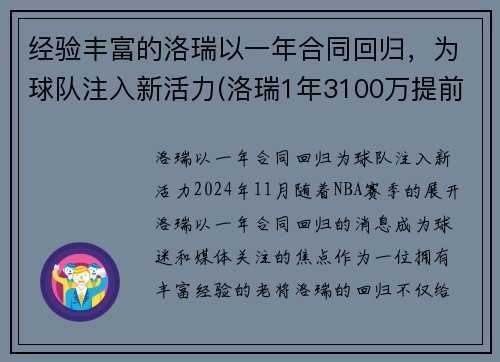 经验丰富的洛瑞以一年合同回归，为球队注入新活力(洛瑞1年3100万提前续约)