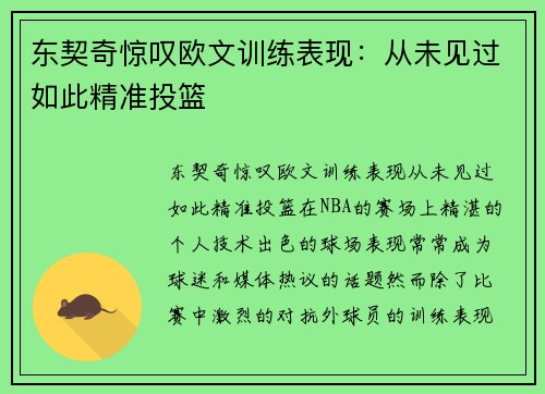 东契奇惊叹欧文训练表现：从未见过如此精准投篮